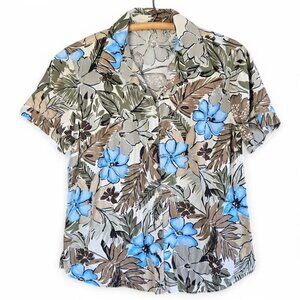 Floral Button-Up Hawaiian Shirt Beige Blue Size M Tropical Floral Print Relaxed